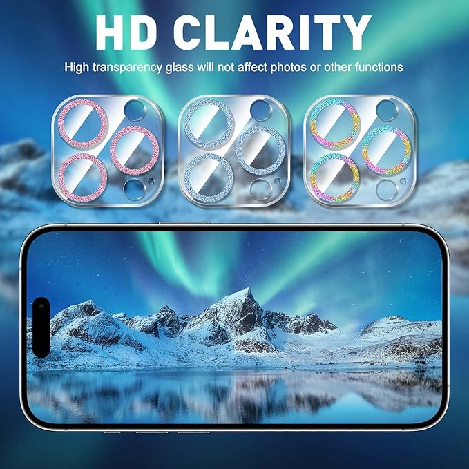 LucBuy 3PCS Sparkling Camera Lens Protector for iPhone 14 Pro/iPhone 14 Pro Max, Full Clear Acrylic Cover with Shiny Colorful Glitter Designed Decoration Back Camera Protector