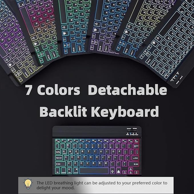 Keyboard Case for Galaxy Tab A9+/A9 Plus 11 Inch 2023, Slim Lightweight 7 Color Rainbow Backlight Detachable Magnetic Bluetooth Keyboard Cover with S Pen Holder,Pink
