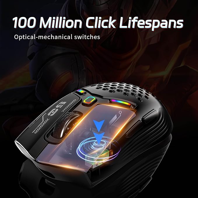 TENMOS M530 Wireless Gaming Mouse, 2.4G/Bluetooth/USB C Wired Rechargeable Mouse, 12000 DPI, RGB, 6 Programmable Buttons, Honeycomb Magnetic Cover, with Receiver Extender for Laptop/PC/Mac, Black