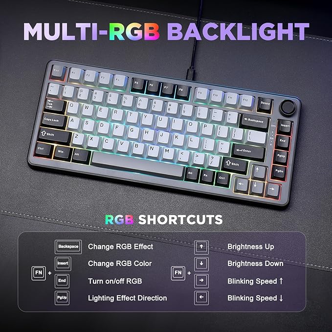 YUNZII B75 Mechanical Keyboard,75% Layout with Knob,Hot Swappable RGB Backlit Gasket Mounted, Creamy Typing, Double-Shot PBT Keycaps,Cherry Profile,for Win/Mac (Dark Grey, Cocoa Cream V2 Switch)