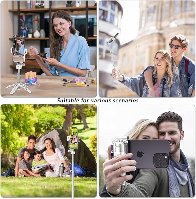 Mini Selfie Stick Tripod, Extendable Grip Phone Tripod with Detachable Remote Pocket Size, 4-in-1 Mini Phone Grip, 10m Wireless Shutter, Vlog Livestreaming Photography （White）
