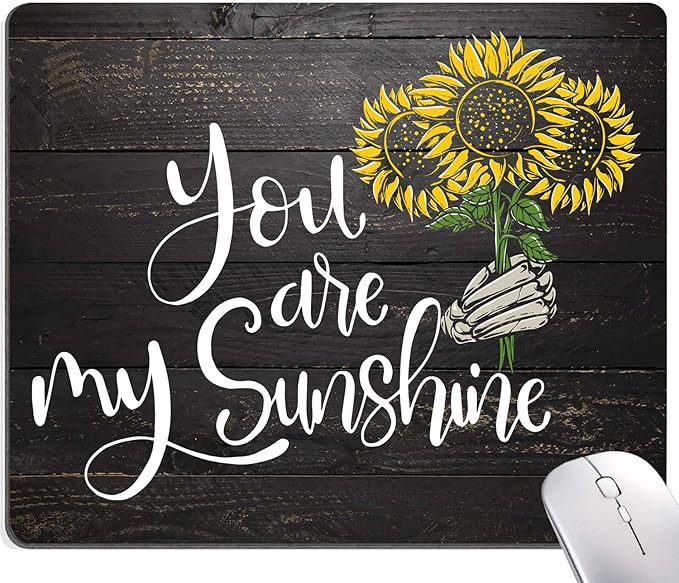 Sunflower 'You Are My Sunshine' Black Wood Gaming Mouse Mat - Square Waterproof Non-Slip Rubber Base Office Laptop Mouse Pad