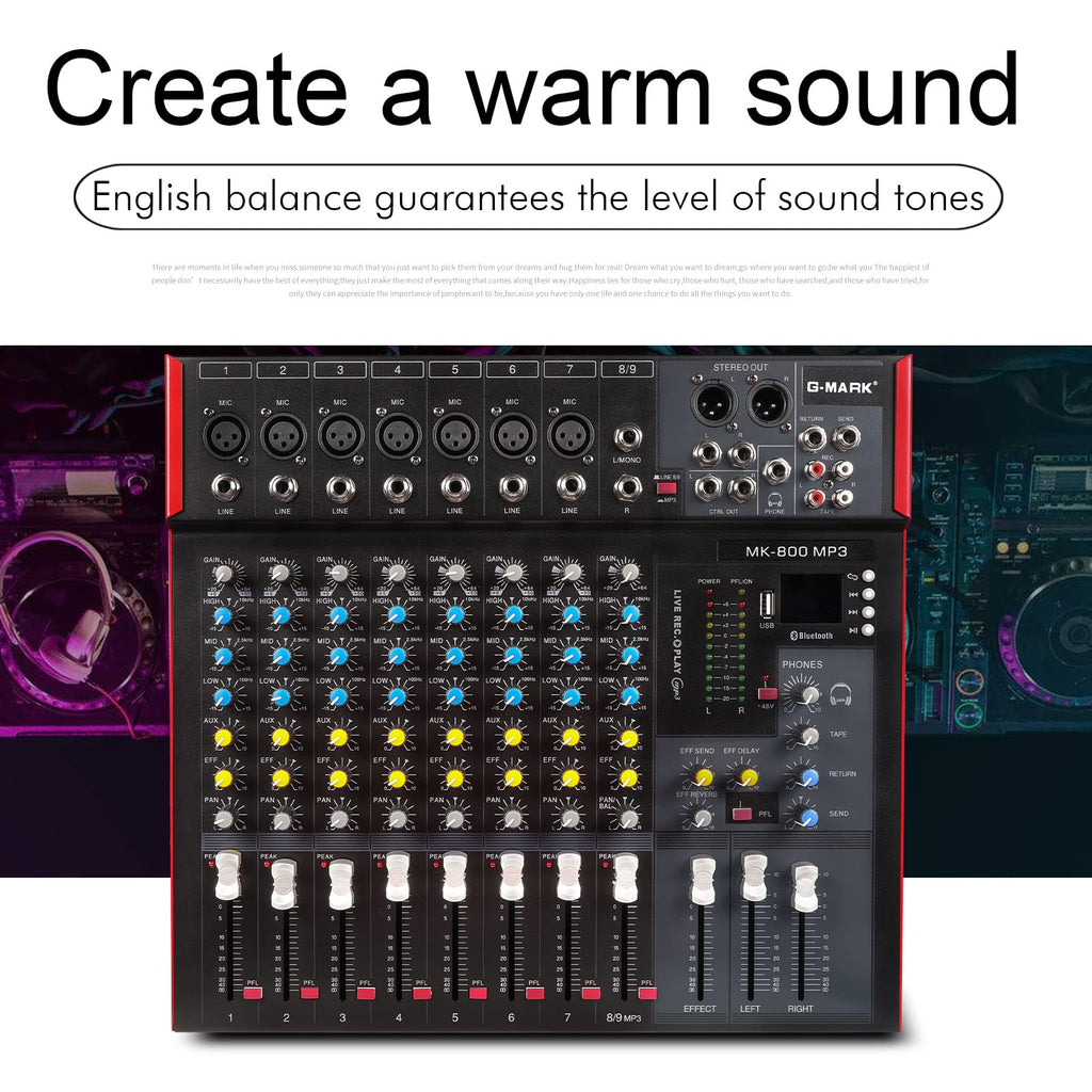G-MARK MK800MP3 Professional Audio Mixer Sound Board 8 Channels Mixing Console with MP3 Player +48V Phantom Power Digital USB Bluetooth Reverb DJ Mixer Audio for PC Karaoke Stage Studio Recording