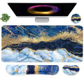 4-in-1 Large Gaming Mouse Pad, Keyboard Wrist Rest Pad & Wrist Support Mousepad Set, Extended Desk Pad Waterproof Desk Mat for Home Office Study Game - Blue Gold Marble