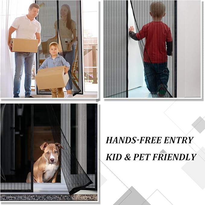 Magnetic Screen Door - Self Sealing, Heavy Duty, Hands Free Mesh Partition Keeps Bugs Out Let Breeze in- Pet and Kid Friendly - Keep Open Feature (Black, Fit Door Size 32 x 80 Inch)