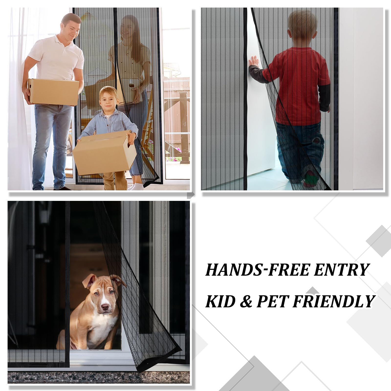 Magnetic Screen Door - Self Sealing, Heavy Duty, Hands Free Mesh Partition Keeps Bugs Out Let Breeze in- Pet and Kid Friendly - Keep Open Feature (Black, Fit Door Size 39 x 82 Inch)