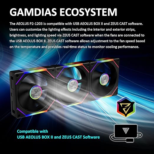 GAMDIAS AEOLUS P2-1203 120mm ARGB PWM Fan (3 Pack, no Hub), Include Reverse Fan Blade x3 & Controller, ARGB Sync, Easy Installation & Cabless Daisy-Chain Design, Silent Operation, Up to 2400RPM, Black