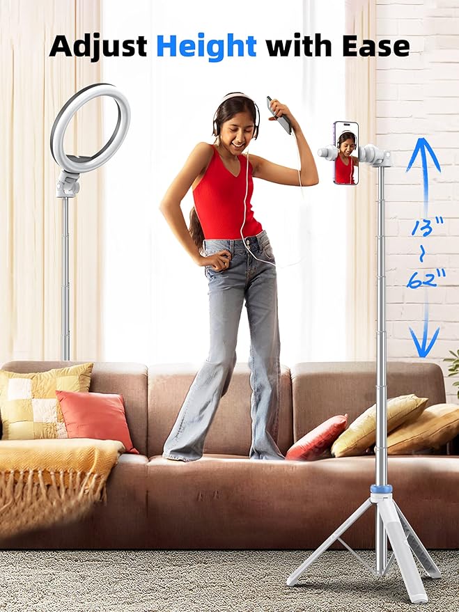 Kaiess 62" Phone Tripod & Selfie Stick, Extendable Photography Light Stand with Wireless Remote, Solidest, Portable, Lightweight, Compatible with iPhone/Android Phone (White)