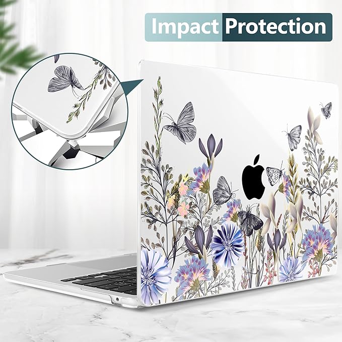 TWOLSKOO Compatible with M4 MacBook Air 13.6 inch Case 2025-2022 Release M4 A3240 M3 A3113 M2 A2681, Plastic Hard Shell & Keyboard Cover & Type C Adapter & Screen Protector, Garden Flower