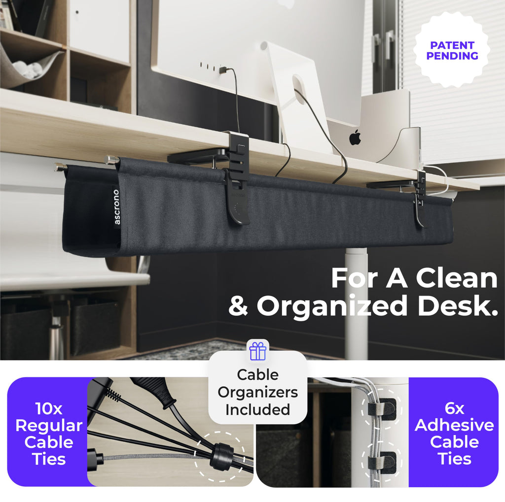 Ascrono Original No Drill Under Desk Cable Management Tray 40.6" - Premium Black Fabric Cable Management Under Desk - Clamp/Screw Mount Cord Organizer - Supports Upto 66lbs - Large