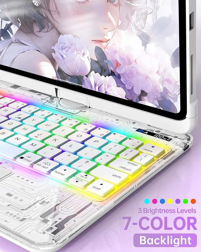Intermerge Clear Keyboard Case for iPad Air 13" (M3/M2, 2025/2024) & Pro 12.9" (2022-2018) - 360° Rotatable Trackpad, RGB Backlit Keyboard, Pencil Holder, Power Indicator, Type-C, Frost Pulse