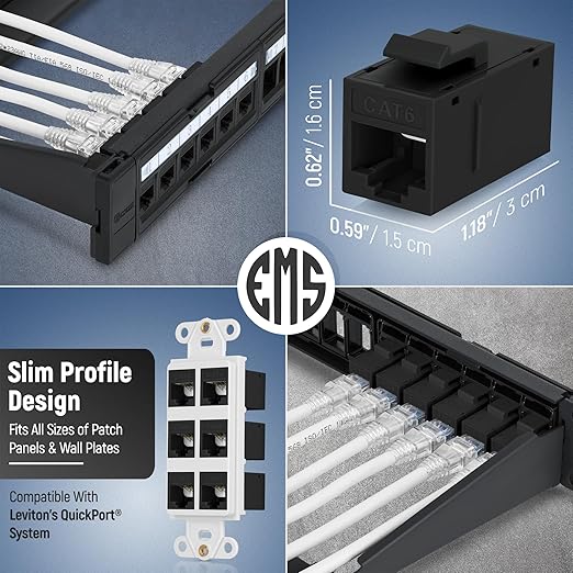 Everest 6-Pack Cat6 RJ45 Keystone Coupler - Black, Female to Female, Cat6, Cat5e Compatible, Ethernet Cable Extender