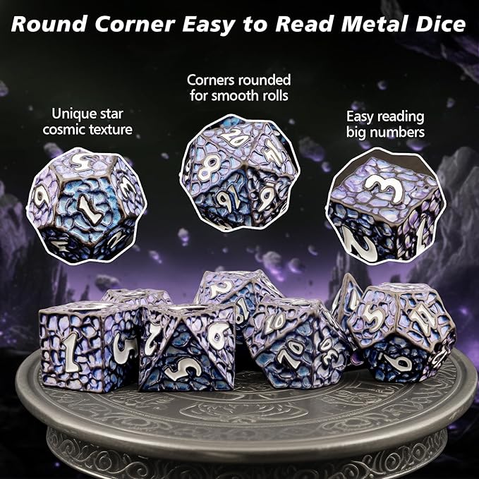 PJOY Metal D&D Dice Set for Dungeons and Dragons Dice with Case Meteorite Black Blue Glitters 7PCS 16mm Role Playing Cool DND Gifts for Players DM Board Game Masters