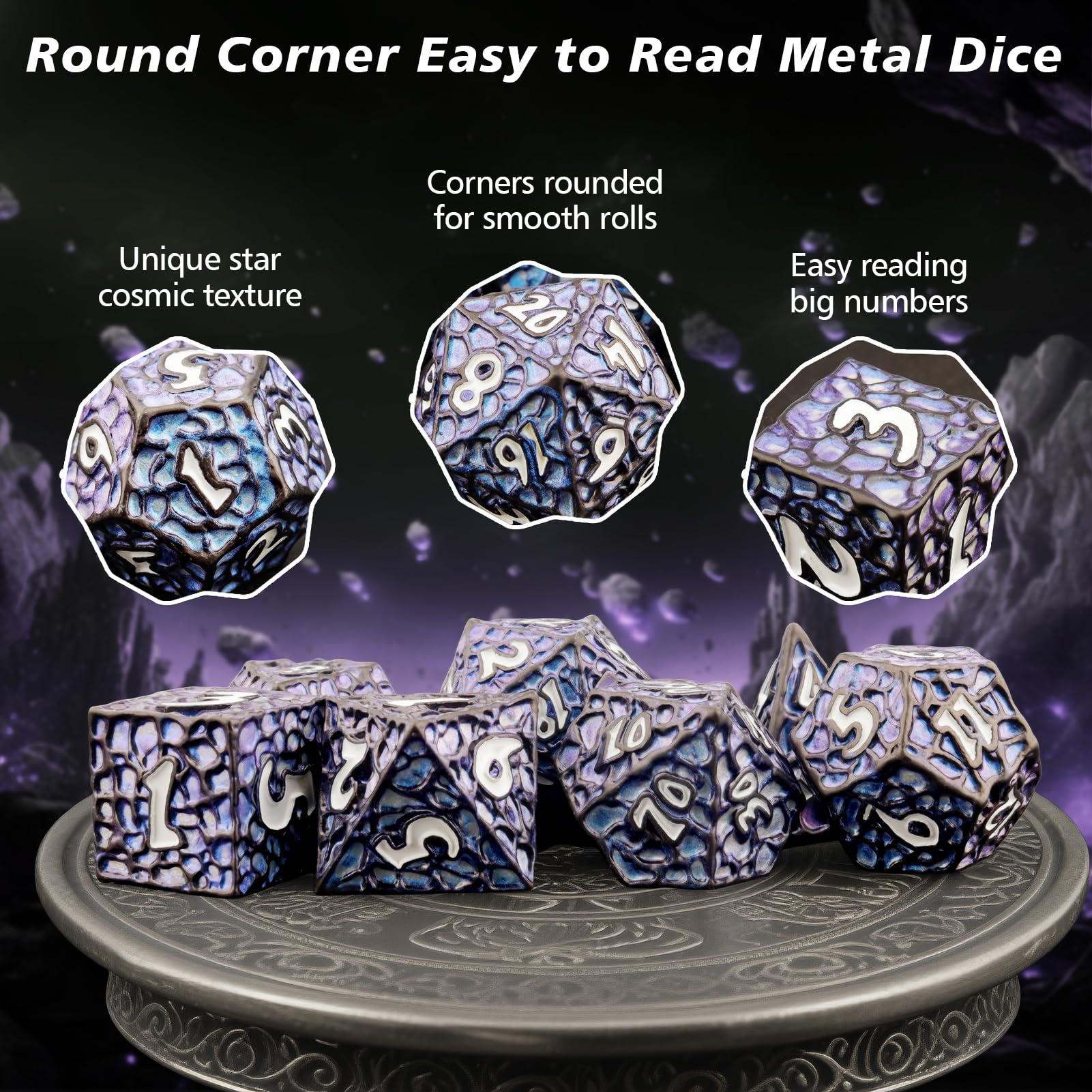 PJOY Metal DND Dice Set for Dungeons and Dragons Dice with Case Meteorite Black Blue Glitters 7PCS 16mm Role Playing Cool DND Gifts for Players D&D DM Game Masters