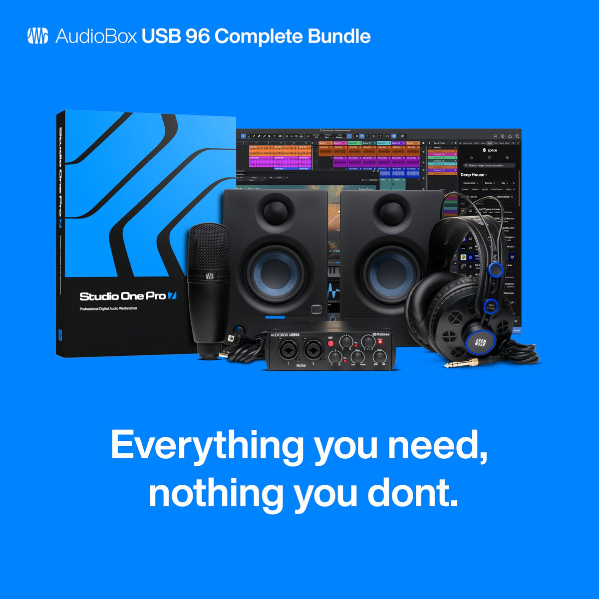 PreSonus AudioBox USB 96 Bundle — USB Audio Interface, XLR Interface for Guitar, Device for PC & Mac, Complete Recording Package with Studio One Pro, Music Production, Home Studio