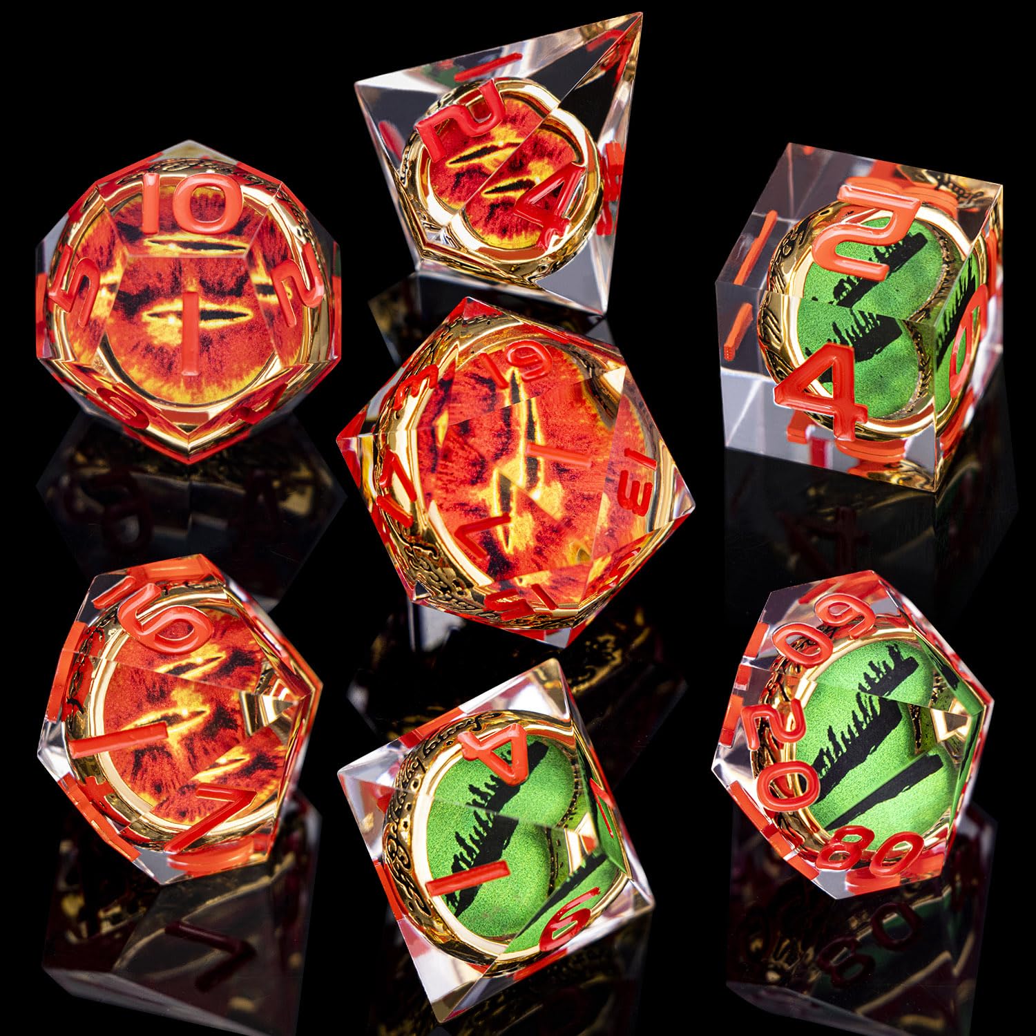 ORIFANTOU Magic Golden Ring DND Dice Set Sharp Edge Red Gaze Eye Resin Dice with Box, for use with RPG D&D Tabletop Games Lord D and D Polyhedral Dice Set