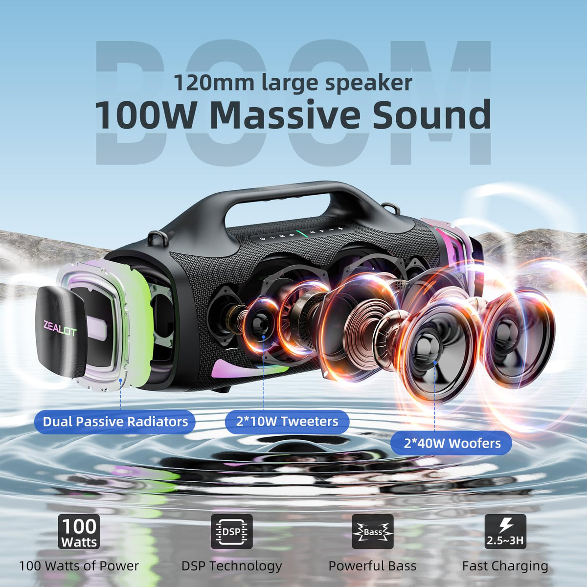 ZEALOT Bluetooth Speaker, 120W Booming Sound Speakers Wireless, Dual Pairing, XBass, Bluetooth 5.3, 24000mAh, Portable Outdoor Waterproof Speaker for Camping, Beach and Party