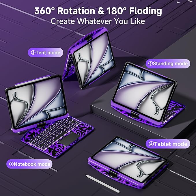 iPad Keyboard Case for iPad 10th Gen (2022) & 11th (A16, 2025), Magic Wireless Keyboard with Trackpad 7 Color Backlit 360° Rotating Stand Transparent Protective Cover with Pencil Holder (Purple)