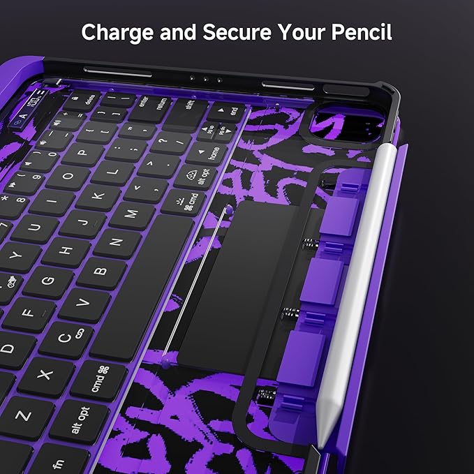 iPad Keyboard Case for 2024 M4 iPad Pro 13 inch, Magic Wireless Keyboard with Trackpad 7 Color Backlit, 360° Rotating Stand Transparent Protective Cover with Pencil Holder (Purple)