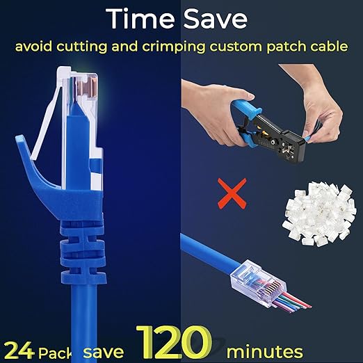Rapink Patch Cables Cat6 1ft (24 Pack), Ethernet Patch Cable 10G, Cat 6 Patch Cable for Patch Panel to Switch, Flexiable Cat 6 Ethernet Cable with Gold Plated Blue