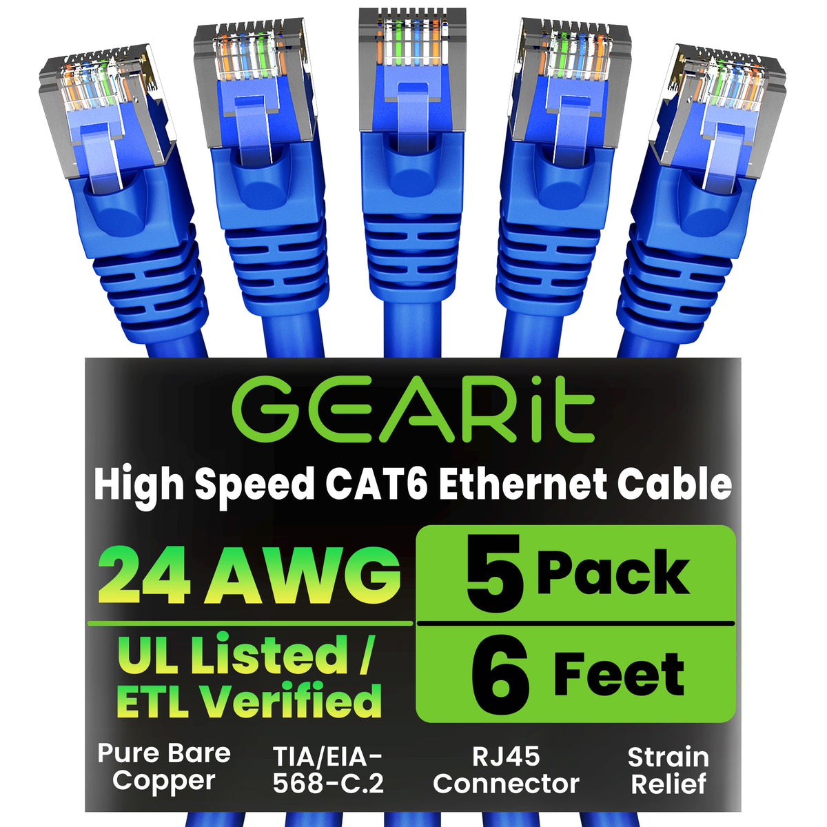GEARit Cat6 Patch Cables Cat 6 Ethernet Cable 3 ft 5-Pack Black