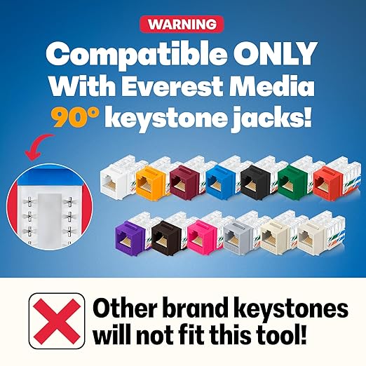 Everest easyJACK - 90° Angled Speed Termination Keystone Tool Set - with 20-Pack of RJ45 Slim Profile Cat6 Keystone Jacks (10 Blue & 10 White) - Time Saver Network Cat6 Punchdown Tool
