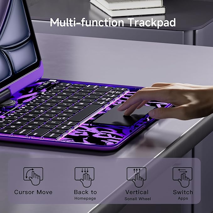 iPad Keyboard Case for iPad 10th Gen (2022) & 11th (A16, 2025), Magic Wireless Keyboard with Trackpad 7 Color Backlit 360° Rotating Stand Transparent Protective Cover with Pencil Holder (Purple)