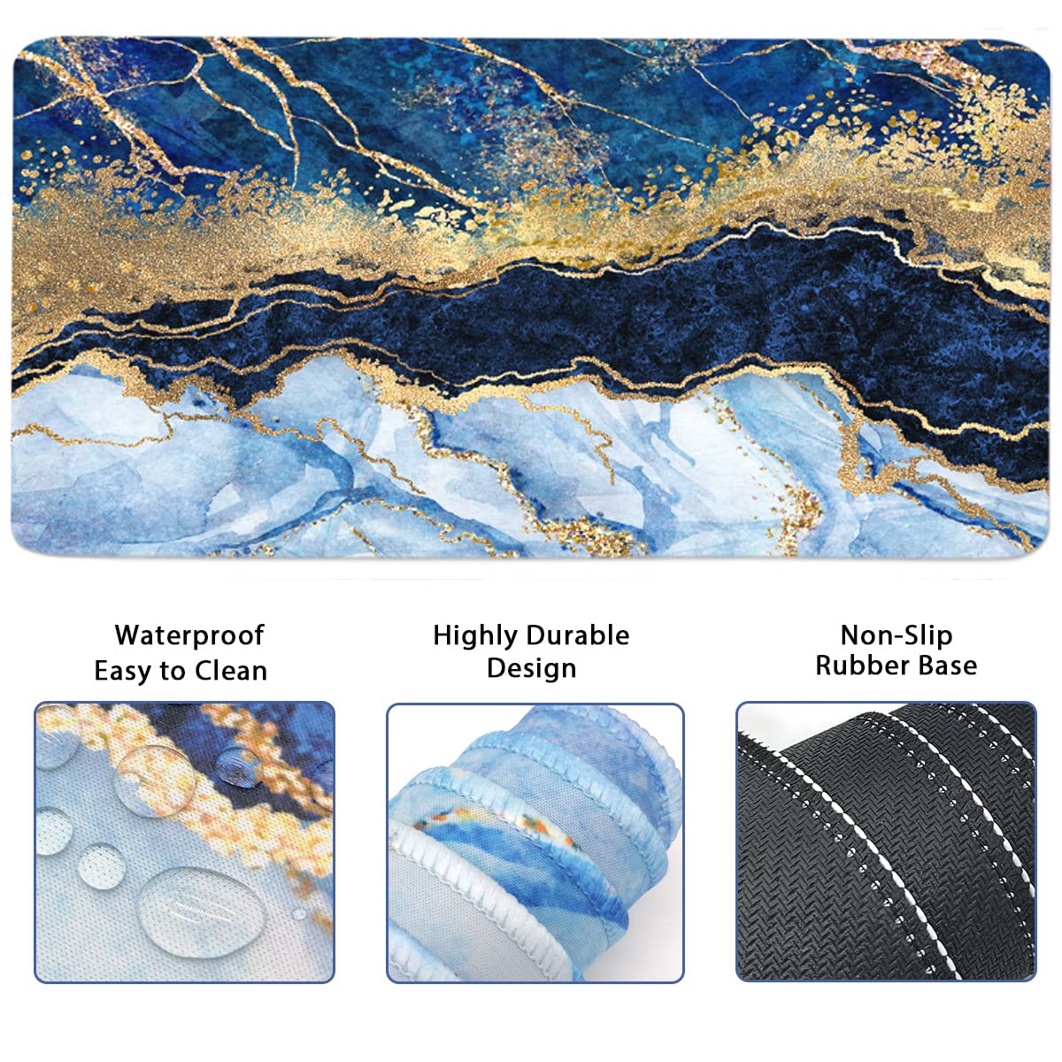 4-in-1 Large Gaming Mouse Pad, Keyboard Wrist Rest Pad & Wrist Support Mousepad Set, Extended Desk Pad Waterproof Desk Mat for Home Office Study Game - Blue Gold Marble