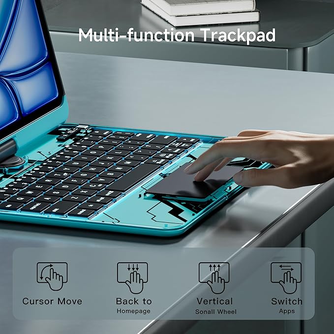iPad Keyboard Case for iPad 10th Gen (2022) & 11th (A16, 2025), Magic Wireless Keyboard with Trackpad 7 Color Backlit, 360° Rotating Stand Transparent Protective Cover with Pencil Holder (Cyan)