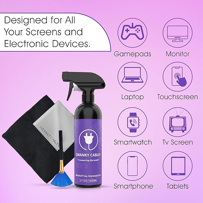 Swanky Screen Cleaner Kit: 6-Pack Microfiber Cloths & Electronic Cleaner Spray for TV, iPad, iPhone, Monitor & Laptop (17 Oz)
