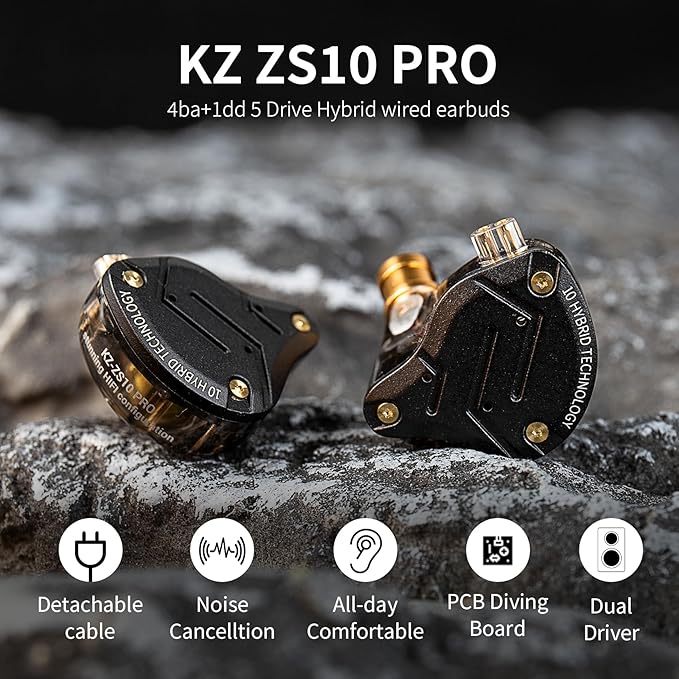 KZ ZS10 Pro in Ear Monitor, IEM Earbuds Headphone, Gaming Earbuds with 4BA and 1DD Drivers, KZ HiFi IEM Earphone Upgraded ZS10 with Detachable 0.75mm 2 Pin 6N OFC Cable (Black No Mic)