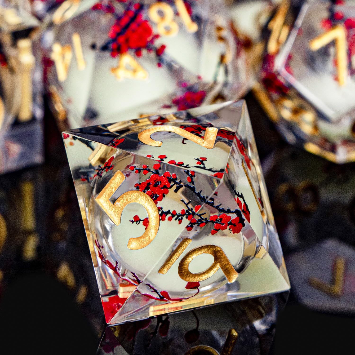 ORIFANTOU Plum Blossom DND Dice Yellow Noctilucent Liquid Core Dice Set with Metal Box, Handmade Sharp Edge Dice D and D Polyhedral Dice for use with D&D RPG Role Playing Game