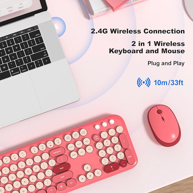 KNOWSQT Wireless Keyboard and Mouse Combo - Lovely Red Rainbow Full-Sized Typewriter Colorful Keyboards, Round Keycap USB Plug Play Retro Cute Keyboards for Windows, Laptop, PC, Desktop, Computer