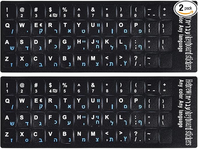 2PCS Hebrew English Keyboard Stickers Black Background with Blue Letters Replacement Stickers for PC Computer Laptop Notebook Desktop Keyboards -Each Unit: 0.43" x 0.51"