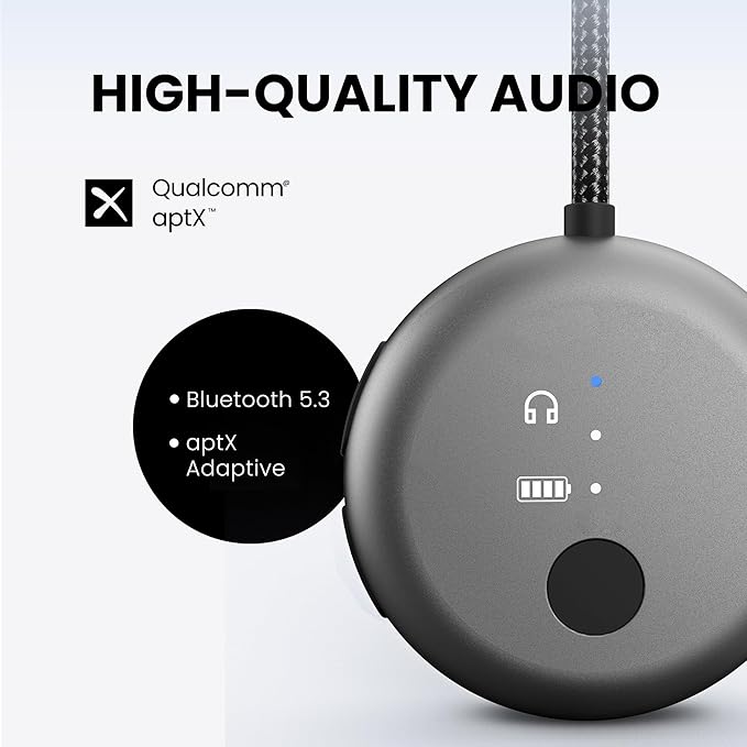 Avantree SoundJet R1 – Airplane Bluetooth Adapter for Headphones & AirPods, aptX Adaptive, Qualcomm Chipset, 20H Battery, Wireless Audio Transmitter for in-Flight Travel Essentials - Metallic Black