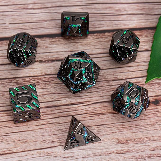 Metal Stripe Dice,Solid Metallic Glitter Stripes DND Dice with Gift Metal Box for Dungeons and Dragons Tabletop Game (Black Nickel Dark Green)