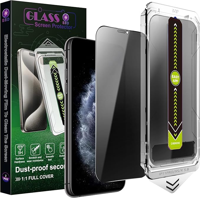 (2-Pack Anti-Spy Privacy Screen Protector for iPhone X/XS/11 Pro(5.8-Inch),9H Tempered Glass,Full Coverage,Anti-Fingerprint,Auto Dust Removal,Bubble-Free,Easy Installation