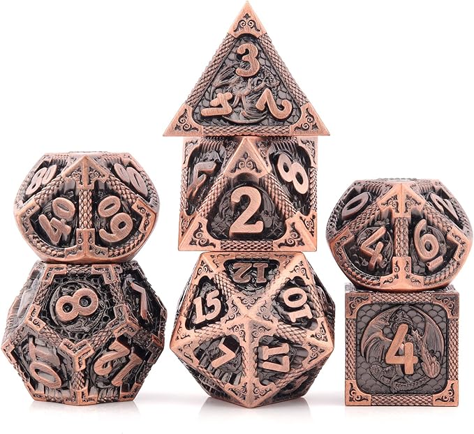 PJOY Metal DND Dice Set D&D Dragon Dice Copper with Metal Case D and D Dice for Dungeons and Dragons TTRPG Gifts