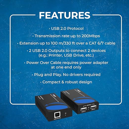 OREI USB 2.0 Over Ethernet Cat5e/6 Extender LAN Upto 330 Feet - Extends 2 Ports USB-A Signal Over LAN Ethernet - Power Over Cable for Long Distance Extension Supports All Operating System