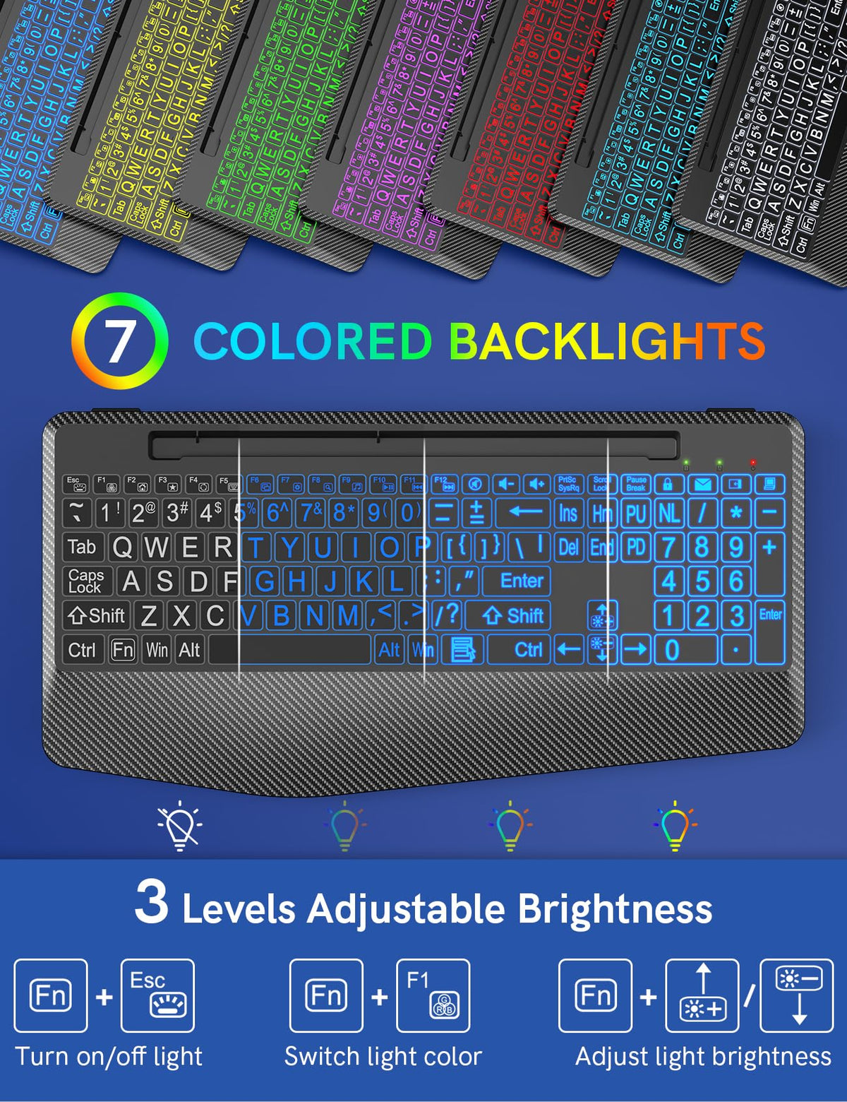 Wireless Keyboard, 7 Colored Backlits, Wrist Rest, Phone Holder-Rose gold