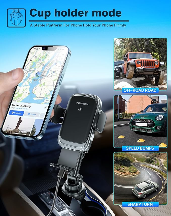 TOPGO [Upgraded Cup Phone Mount Wireless Charger, Universal Cell Phone Holder Car Charger Wireless Charger Cup Phone Holder Fast Charging for iPhone16 Pro Max, Samsung Galaxy - Black