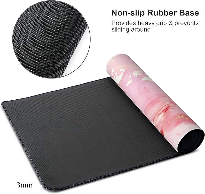 Cute Pink Marble Large Mouse Pad,Gaming Keyboard Desk Pad,Extended Mouse Mat Non-Slip Rubber Base with Stitched Edges for Office Game Home XL 31.5"x11.8"