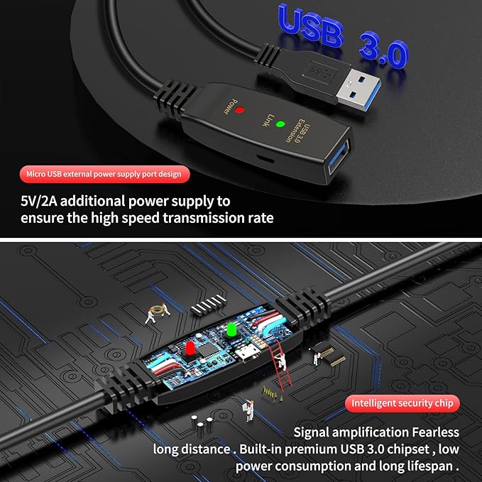 LDKCOK Active USB 3.0 Extension Cable 60ft– Male to Female Extender Cord, USB Extension Cable for USB Flash Drive, Card Reader, Hard Drive, Keyboard, PlayStation, Xbox, VR, Printer, Camera, Laptop
