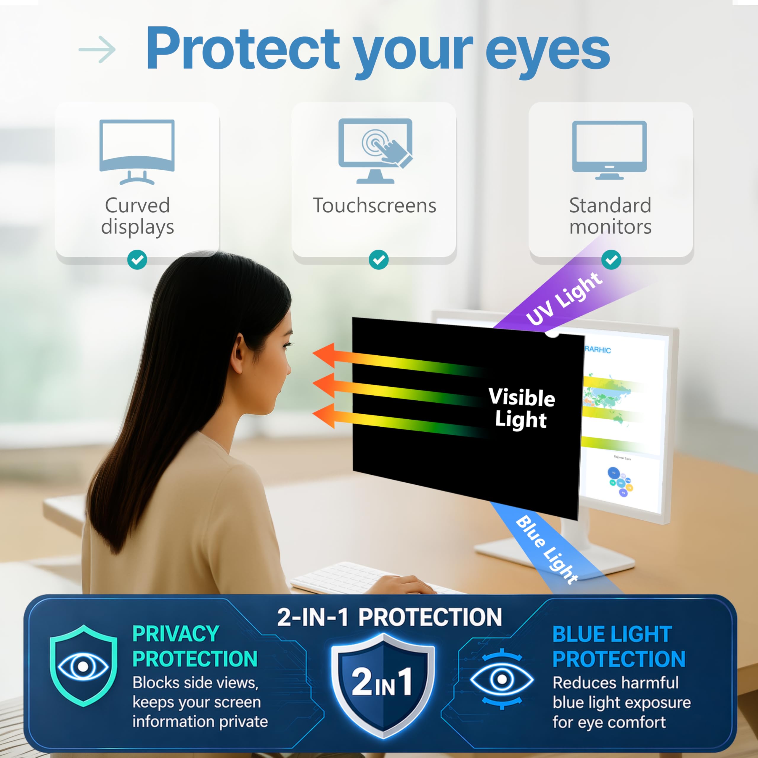 VINTEZ 29 Inch 21:9 Privacy Screen for Computer Monitor and Laptop - Anti Glare Protector Film Blue Light Filter Eye Protection - Computer Screen Privacy Shield, [1 Pack]