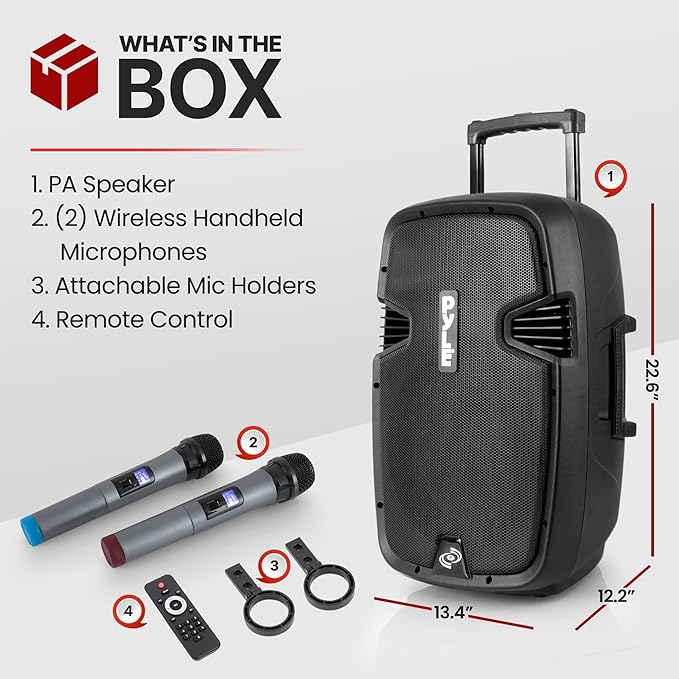 Pyle Wireless Portable PA Speaker, 1000W Bluetooth Loudspeaker, 12” Subwoofer, Dual High-Powered PA System, 2-Way Full Range Audio, Includes Wireless Mic, USB/SD Input, for Outdoor and Event Use