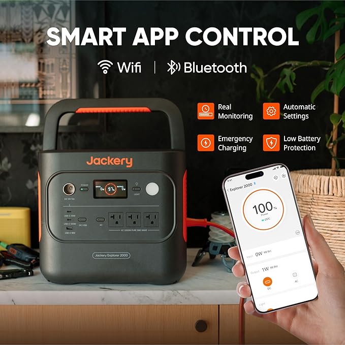 Jackery Explorer 2000 v2 Portable Power Station with Car Charging Cable, 2042Wh LiFePO4 Battery, 2200W Solar Generator, USB-C PD 100W Fast Charging for Camping, Home Use(Solar Panel Optional)