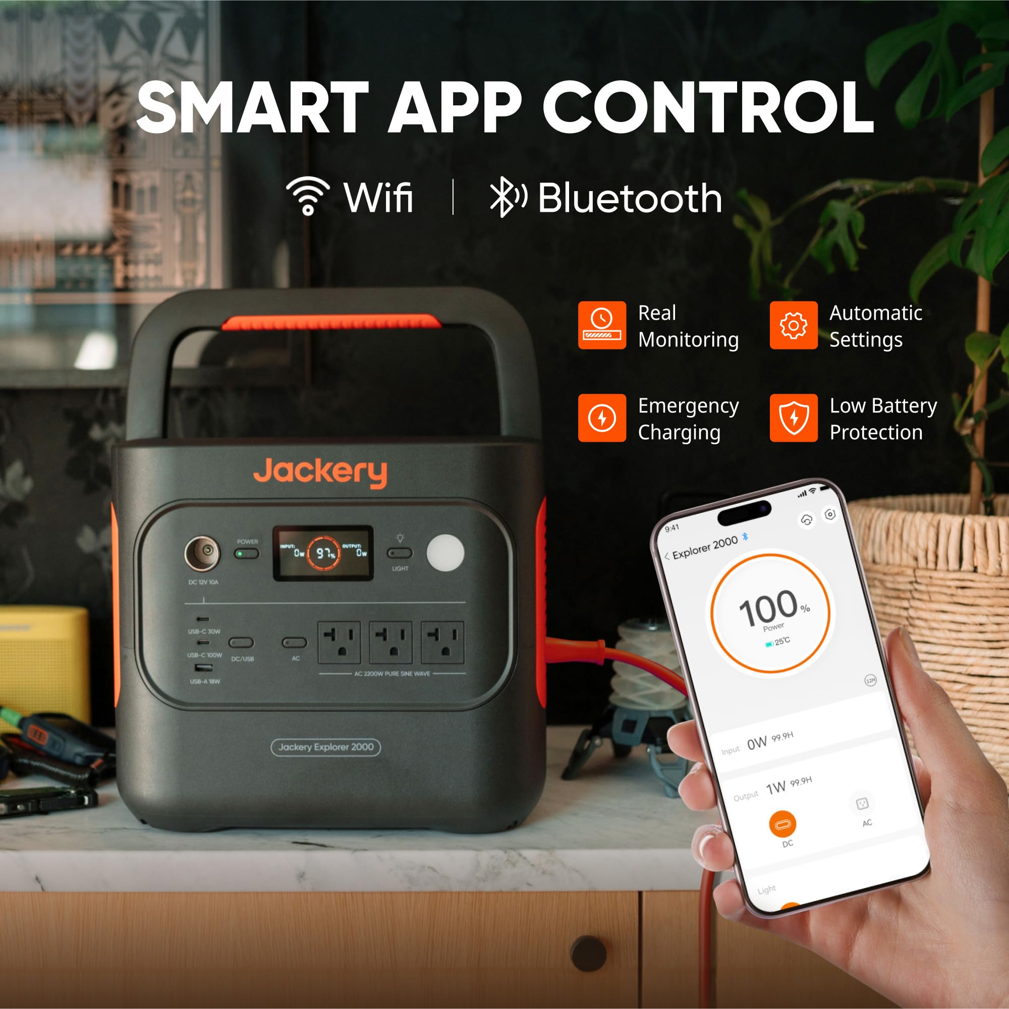 Jackery Explorer 2000 v2 Portable Power Station with Car Charging Cable, 2042Wh LiFePO4 Battery, 2200W Solar Generator, USB-C PD 100W Fast Charging for Camping, Home Use(Solar Panel Optional)