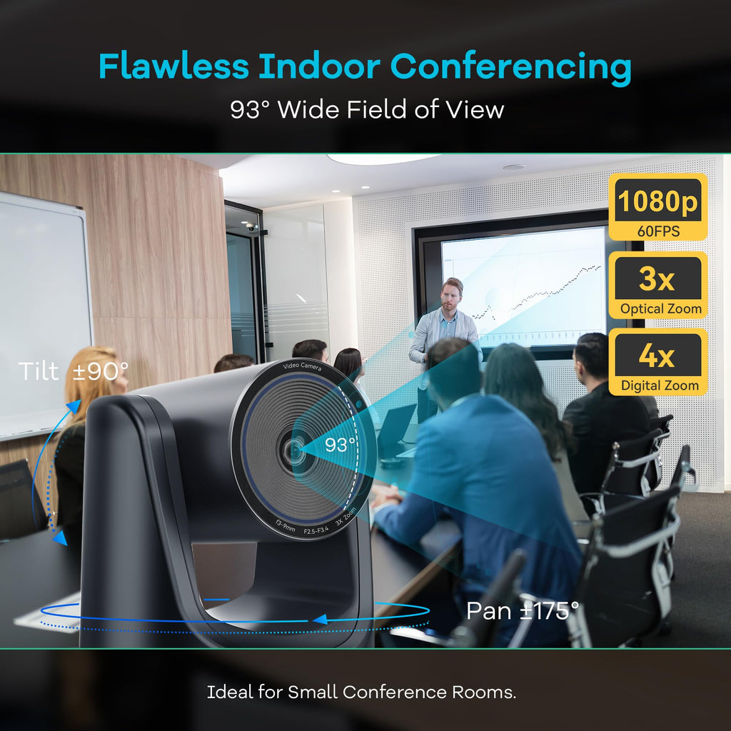 TONGVEO 3X Optical Zoom PTZ Camera AI Auto-Tracking HDMI USB 3.0 1080P 60fps Wide-Angle for Video Conference Business Meeting Live Streaming Online Learn with Zoom YouTube Teams OBS and More