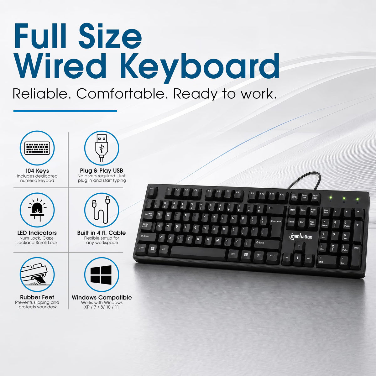 Manhattan Wired Computer Keyboard – Basic Black Keyboard - with 4.5ft USB-A Cable, 104-keys, Foldable Stands - Compatible for Windows, PC, Laptop - 3 Yr Mfg Warranty – 179324