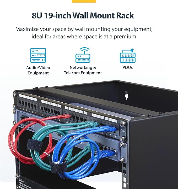 StarTech.com 8U Wall Mount Patch Panel Bracket - 13.75 inch Deep - 19" Patch Panel Rack for Shallow Network Equipment- 80lbs Capacity, TAA (WALLMOUNT8)